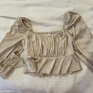 Champagne Satin Ruched Long Sleeve Top